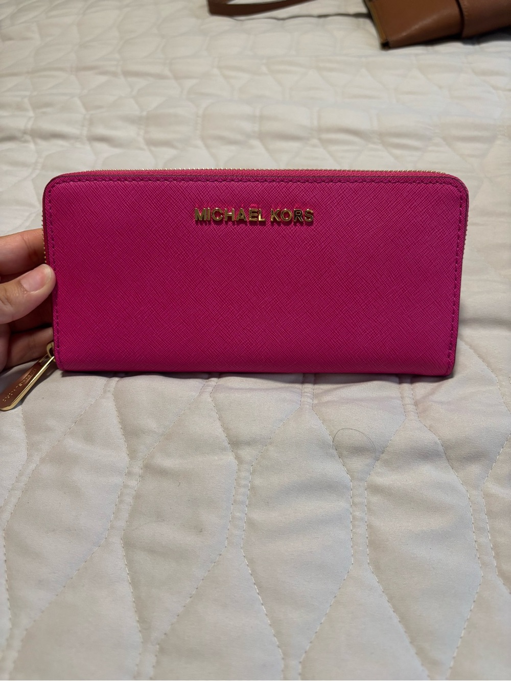 Michael Kors Fuchsia Zip-Around Saffiano Wallet with Gold Logo